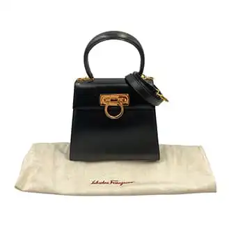 フェラガモ ガンチーニ 2way ミニハンドバッグ レザー ゴールドカラー金具 黒