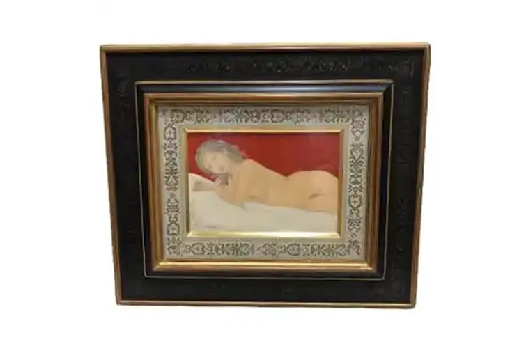 栗原喜依子　横たわる裸婦　赤 人物画 額付き 縦約40㎝ 横約46㎝