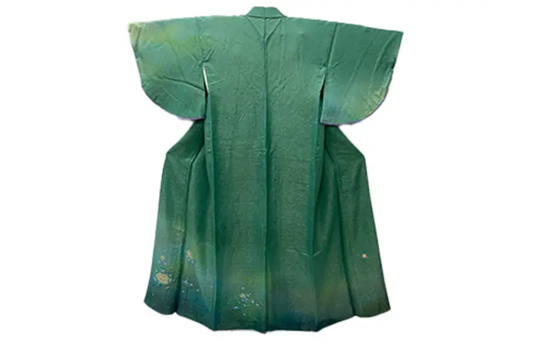 久保田一竹工房 辻が花 金通し 付下げ 落款 唐青 正絹 手絞り染 青緑色