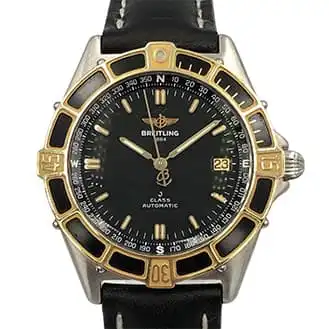 ブライトリング Jクラス 自動巻 イエローゴールドベゼル×SS 22年5月OH済 黒文字盤 革ベルト 腕時計