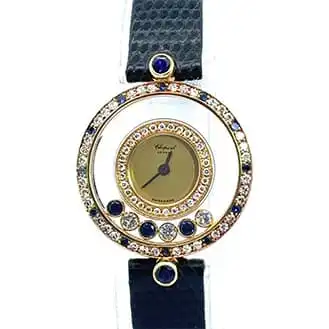 ショパール ハッピーダイヤ K18 革ベルト 金文字盤 腕時計